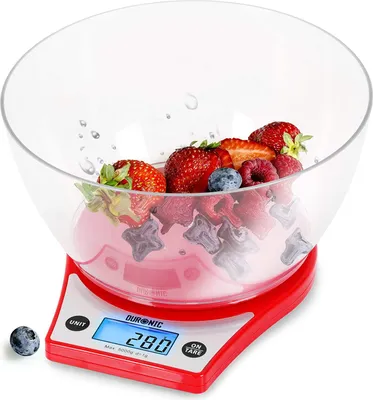 Produktbild von Duronic KS6000 RD Digitale Küchenwaage | Ultradünne Küchenwaage rot mit digitalen Display hintergrundbeleuchtet |1 g - 5 kg Kapazität mit 2 L Schüssel |Tara Funktion | Hochpräzisions Sensoren | Ideal zum Backen oder als Präzisonswaage