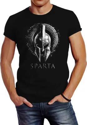Produktbild von Neverless® Herren T-Shirt Aufdruck Sparta Helm Krieger Warrior Printshirt T-Shirt Used Look Slim Fit Fashion Streetstyle Neverless® schwarz schwarz XXL