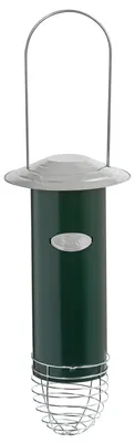 Produktbild von Dehner Natura Premium Wildvogel Meisenknödelautomat, Futterhaus / Futterstation für Wildvögel, Futterstelle wetterfest, inkl. Aufhängevorrichtung, Ø 7.5 cm, Höhe 26.5 cm, Metall, Dunkelgrün