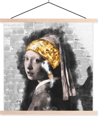 Produktbild von MuchoWow® Textilposter Das Mädchen mit dem Perlenohrring - Vermeer - Gold 40x40 cm mit holzfarbenen Rahmen - Posterleiste