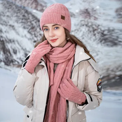Produktbild von Winterwarmer Strickschal, Beanie-Mütze und Handschuhe im Set, weicher Stretch-Hut, Schal und Fäustlinge für Herren und Damen,Rosa