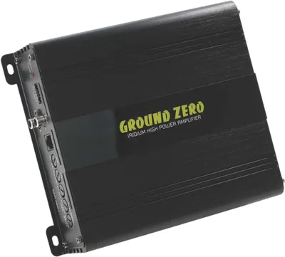 A black car amplifier with the brand name 'GROUND ZERO' and 'IRIDIUM HIGH POWER AMPLIFIER' printed on it.