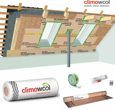 A collage showing a cross-section of roof insulation installation and various insulation products.