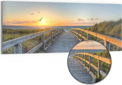 Produktbild von DEQORI Hybrid Leinwand Bild 150x60 cm 'Dünenweg zum Meer' Wandbild Glas flach modern