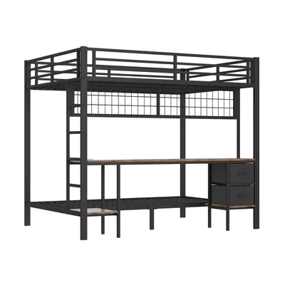 Produktbild von Flieks Etagenbett 90x200cm/140x200cm, Hochbett mit Schreibtisch und Hängeraster, Jugendbett Kinderbett mit LED, Metallbett Stockbett, Schwarz
