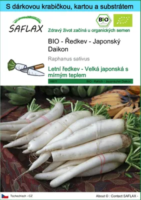 Obrázek produktu pro SAFLAX Dárková sada - BIO - Ředkev - Japonský Daikon - Raphanus sativus - 100 Semena - S dárkovou krabičkou, přepravním štítkem, dárkovou kartou a pěstebním médiem