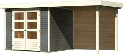 Produktbild von Karibu Gartenhaus Gerätehaus Askola 3 im Set mit Anbaudach 2,40 m Breite und 19 mm Rückwand terragrau 462x217x211 cm