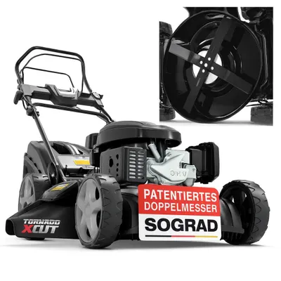 A black gasoline lawnmower is shown from a low-angle front-side view, with a close-up inset of its cutting blades.