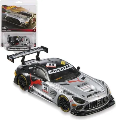 A Hot Wheels Mercedes-AMG GT3 toy car is shown in its packaging and also displayed separately.