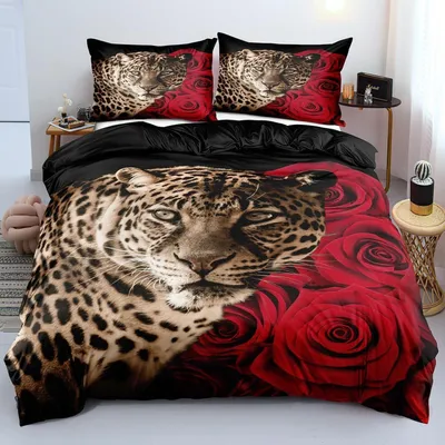 Produktbild von Bettwäsche-Set 4-teilig Kinder Jungen Leopard 2x 135x200cm + 2x 80x80cm Mikrofaser Schwarz Rot Gold