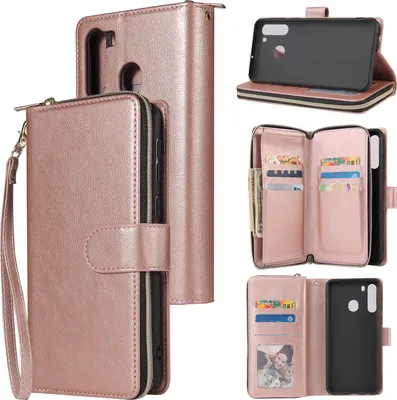 Produktbild von Für Samsung A01/A21/A31/A41/A51 Kunstleder Handyhülle Reißverschluss Tasche + Handschlaufe Rosengold