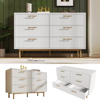 A collage of images showing a white dresser with gold legs and handles, including a close-up of the drawers.