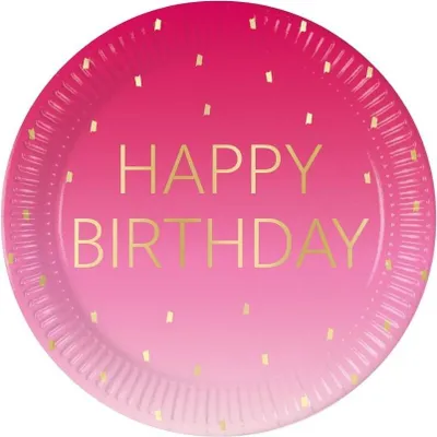 Image de 8 grandes assiettes « Happy Birthday » rose et or