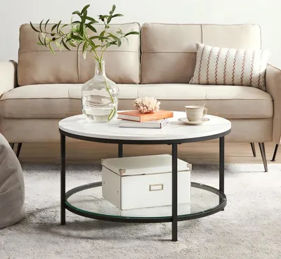 Produktbild von VASAGLE Couchtisch, Wohnzimmertisch, 80 x 46 cm (Ø x H), Marmorweiß-Tintenschwarz