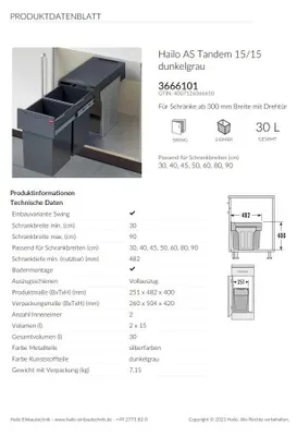 Image de Hailo Tandem poubelle coulissante 2x15 L meuble dès 30 cm