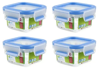 Produktbild von EMSA 508535 Clip & Close Aufbewahrungs-Dose, quadratisch, 200 ml, transparent/blau (4er Pack)