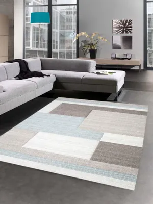 Zdjęcie produktu dla Nowoczesny dywan z krótkim włosiem Dywan do salonu Konturowy krój Kwadratowy wzór abstrakcyjny pastelowy niebieski taupe Rozmiar - 120x170 cm