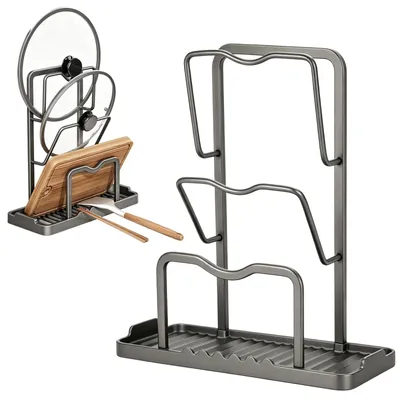 Topfdeckelhalter 3-stufig mit Tropfschale, grau, 30 x 11,8 x 32 cm