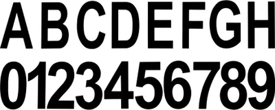 The image displays the alphabet from A to H and numbers from 0 to 9 in black, sans-serif font against a white background.