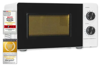 Produktbild von Exquisit Mikrowelle 20L, 700 Watt, 24,5cm Drehteller, 5 Leistungsstufen, Timer, Auftaufunktion, 2 Drehregler, MW950-070 weiss