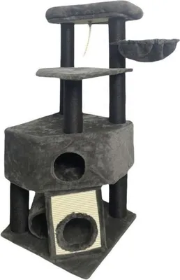Produktbild von GUILY Dunkelgrauer Kratzbaum – 50 x 50 x 141 cm – Dunkelgrau – 2 Plattformen, 1 Sitzstange, 1 Hütte, 1 Rampe, 1 Tunnel