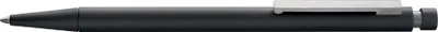 A close-up shot of a black pen on a white background.