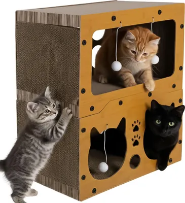 Three cats interacting with a multi-level cat scratching house.