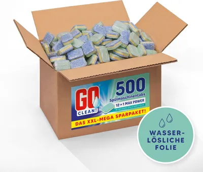 Produktbild von 10 kg ca. 500 Stück GO clean! 12-in-1 Max-Power 20g Spülmaschinentabs in wasserlöslicher Folie
