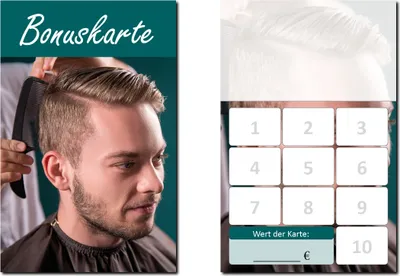 Produktbild von 500 Stück Friseur Herren Bonuskarten (BOK-422) mit 10 Stempelfeldern. Treuekarten passend für Bereiche wie Frisör, Kosmetik, Haarpflege