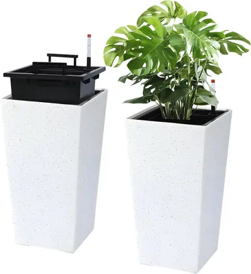 Produktbild von Hoch Pflanzkübel Set 2 Stück – Große Blumentöpfe für Innen & Außen – Selbstbewässerungssystem mit Wasserstandsanzeige – Weiß – 54 cm