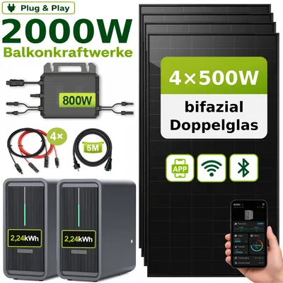 Produktbild von Balkonkraftwerk 2000W mit 4,48kWh Speicher, Marstek B2500-D, 4x500Wp bifaziale Solarmodule, 800W Mikrowechselrichter, 5m Anschlusskabel, Komplettset
