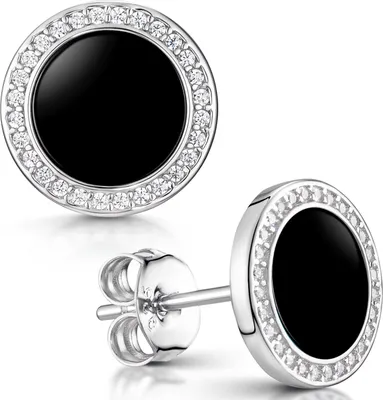 Produktbild von MATERIA Onyx Ohrstecker schwarz rund flach - 925 Silber Damen Ohrringe Edelstein 9mm mit Zirkonia SO-394-Onyx