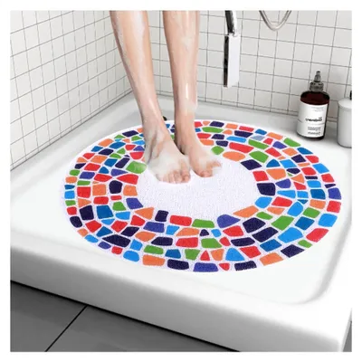 Produktbild von Rutschfeste Duschmatte rund, weiche Komfort-Badewannenmatte mit Ablauflöchern, PVC-Luffa-Duschmatte für Nassbereiche, schnell trocknend