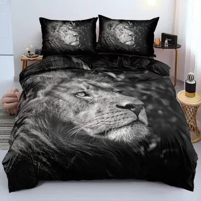 Immagine prodotto di Biancheria da letto 155x220 cm, motivo leone, microfibra, nero e grigio, set da 3 pezzi con cerniera e 2 federe 80x80 cm