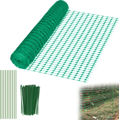 A roll of green plastic fencing is shown unrolled on a white background, along with a bundle of green stakes and zip ties. A smaller inset image shows the fencing installed in a garden.