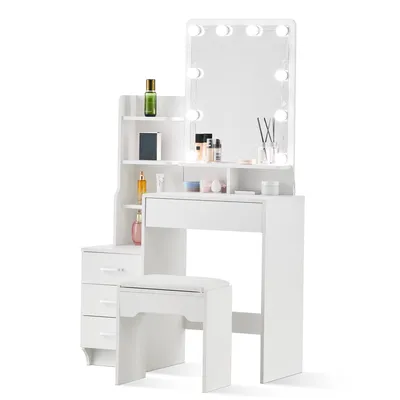 Produktbild von CLIPOP Schminktisch, 87x40x144cm 4 Schubladen Schminkkommode Set, Frisiertisch mit Spiegel und Hocker,Inkl. LED-Leuchte