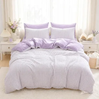 Immagine prodotto di Set di lenzuola 135x200 cm, 4 pezzi, a righe, lilla/bianco, con 2 federe 80x80 cm, in microfibra