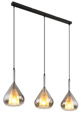 A three-light pendant chandelier with glass shades.