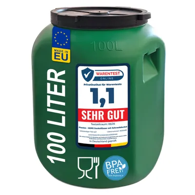 Produktbild von plasteo 100 L Weithalsfass Grün Deckelfass lebensmittelecht – stabiles HDPE Universalfass mit Schraubverschluss, für Futter, Lagerung und Transport
