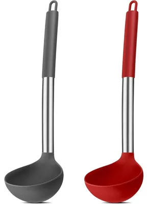 Zdjęcie produktu dla Zestaw dwóch łyżek do zupy, silikonowe, ze stalą nierdzewną, z uchwytem, 30 cm, szare i czerwone