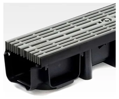 Produktbild von 5m Entwässerungsrinne für modulares System A15 98mm, komplett mit Stegrost aus Kunststoff, Grau