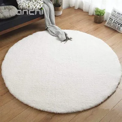 Produktbild von Unyqoos® Hochflor-Shaggy Teppich rund Ø 120 cm, 100% Polyester-Mikrofaser, Weiß, ca. 2 cm Flor, 1.200 g/m² dichtes Gewebe, wasserabsorbierend, rutschfest, waschbar