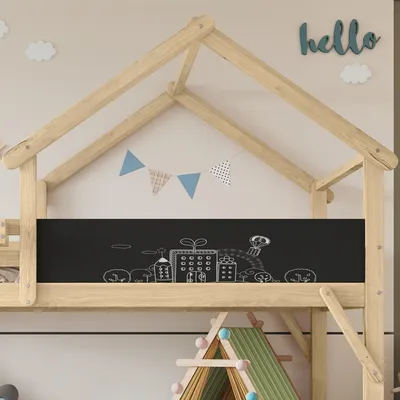 Produktbild von Abrihome Hochbett Kinderbett 90x200 cm mit Graffiti-Tafel & Dachdesign, Stauraumtreppe & Fallschutz, Weiß+Natur