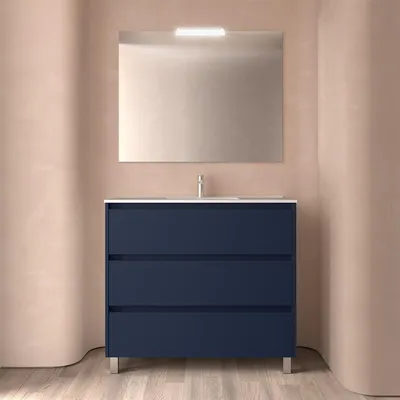 Produktbild von Badezimmermöbel BALTIC 1000 3 Schubladen BLUE SATIN + Waschtisch + Spiegel