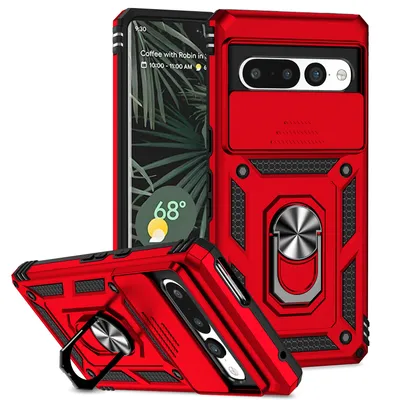 Immagine prodotto di Custodia per Google Pixel 7 Pro a doppio strato con copertura scorrevole della fotocamera e supporto ad anello rosso