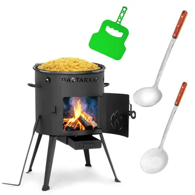 Produktbild von Ø36cm Uchag 2mm Stahl 10L Kazan WOK Kasan Utschak Feuerstelle Utschag Campingofen Feldküche Außenküche Eintopfofen mit Schaumkelle Suppenkelle Grillfächer