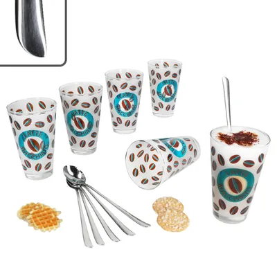 Produktbild von 12tlg Set Cremona Latte Macchiato Gläser blau + Twist Löffel L19cm 6 Personen