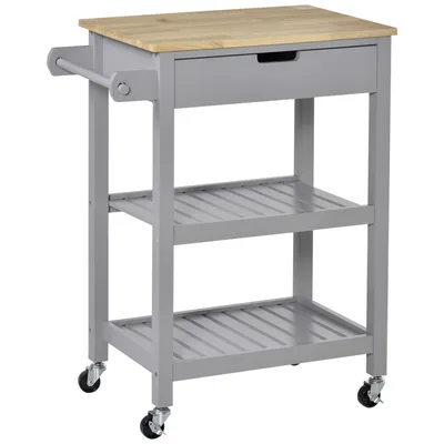 Image de HOMCOM Desserte de service chariot de cuisine à roulettes avec plan de travail en bois hévéa - 2 étagères, 1 tiroir et 1 porte-torchon
