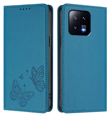 Produktbild von Lederhülle für Xiaomi 13, Schmetterling Prägung Leder Brieftasche Schutzhülle mit Ständer Blau