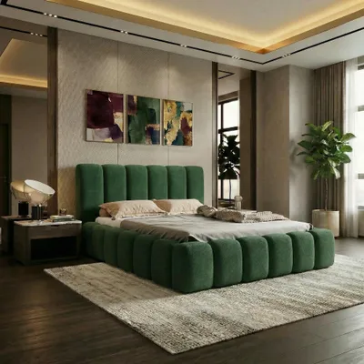 Produktbild von LUXKOR24 Polsterbett VELORA 180x200cm mit Bettkasten & Metallgestell - Bouclé Stoff GRÜN GERRA